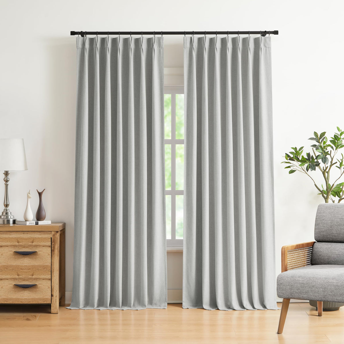 Vision Home Natural Pinch Pleated Full Blackout Curtains Linen Blended Room Darkening Window Curtains 95 inch for Living Room Bedroom Thermal Insulated Pinch Pleat Drapes with Hooks 2 Panel 40"Wx95"L