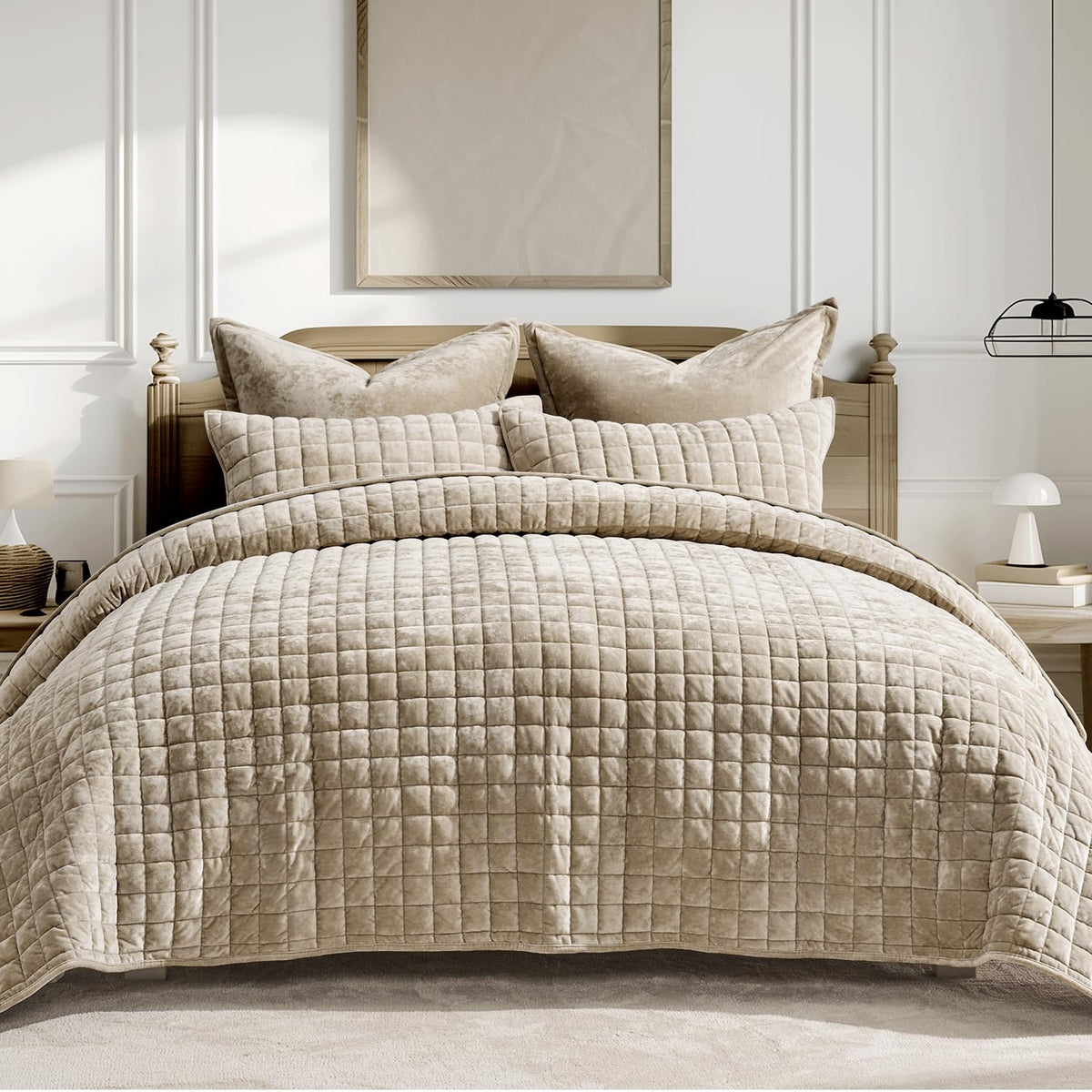 RECYCO Channel Box Stitch Velvet Quilt Set, King Size, Beige