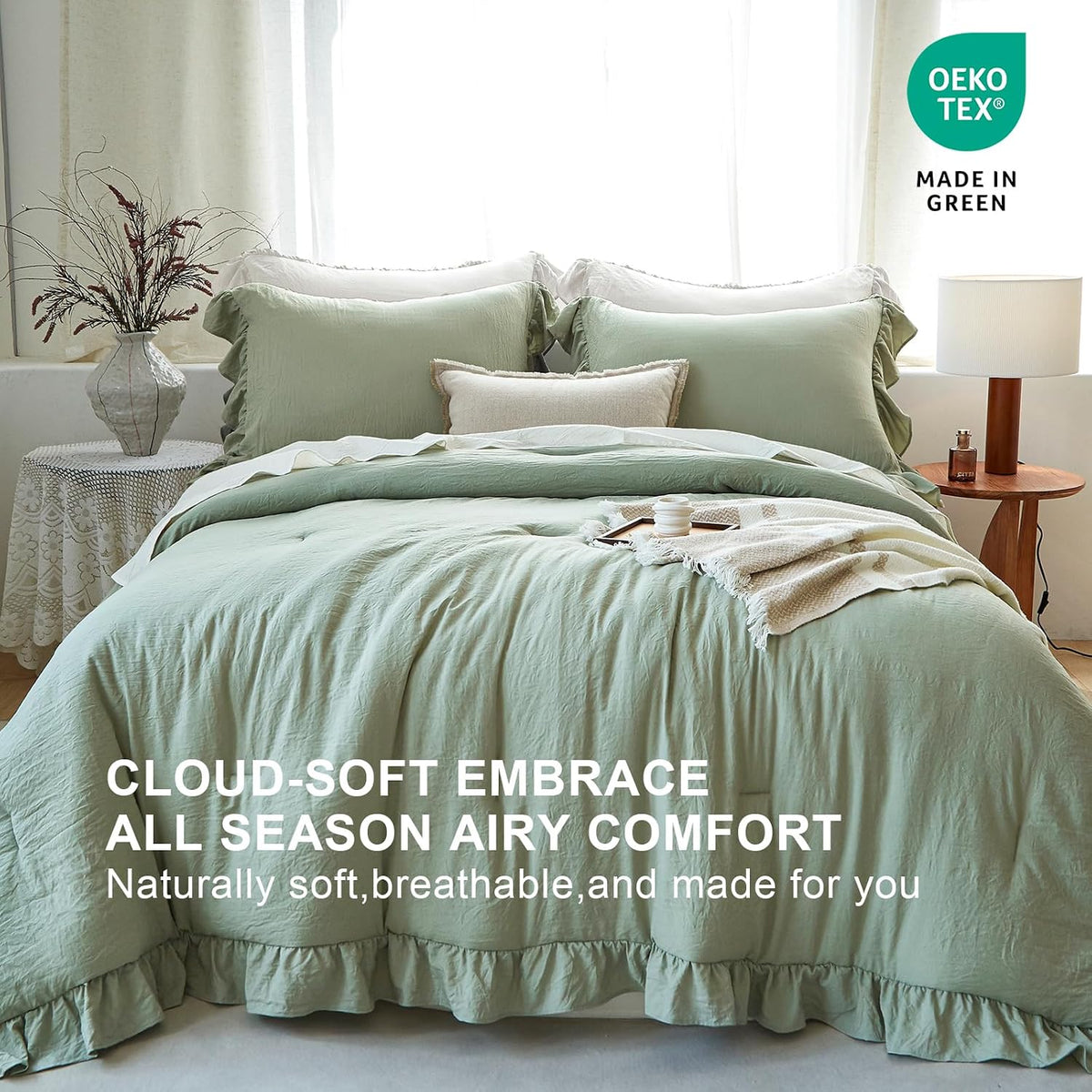Sage Green Ruffle 3 Pieces Comforter Queen Shabby Chic Bedding