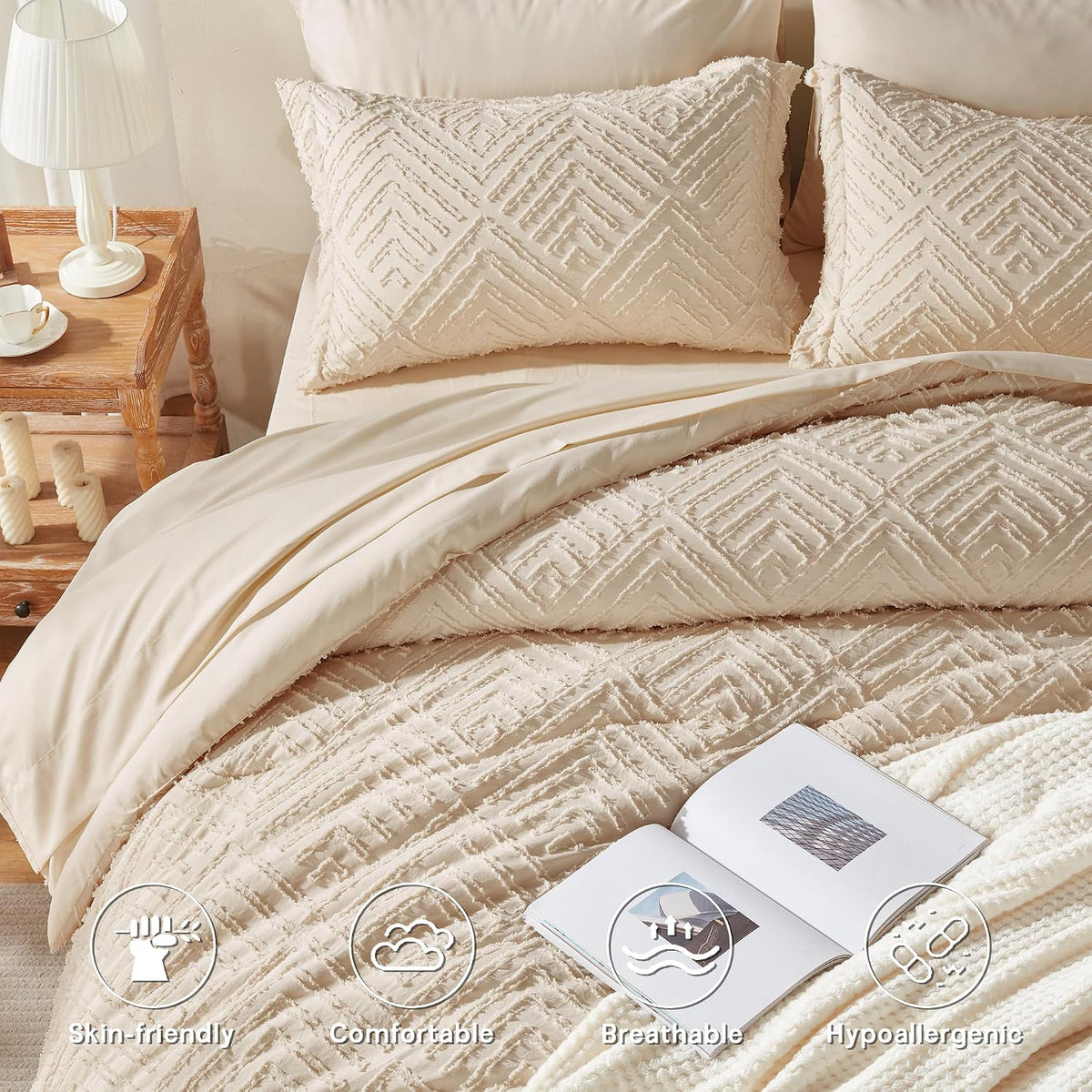 Zzlpp Queen Comforter Set 7 Piece, Beige Bed in a Bag Queen Bedding Sets