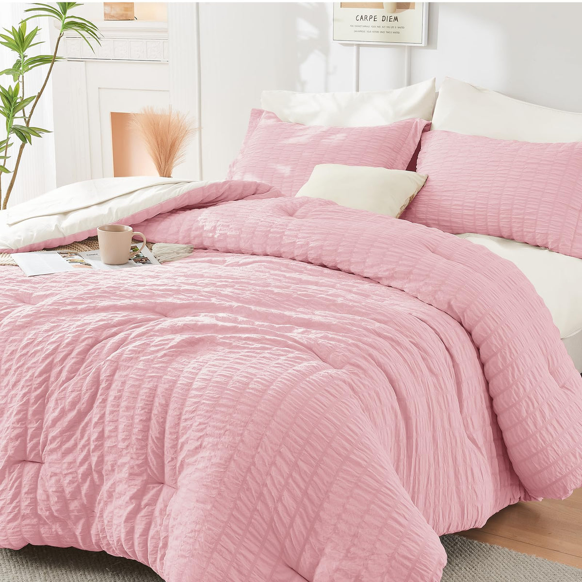 Queen Comforter Set - 7PCS Bed in a Bag, Seersucker Bedding Set, Beige