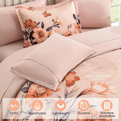 DHSFKBE Floral Comforter Set Queen Size,7 Piece Orange Bed in a Bag, Elegant Flower Pattern Comforter Set with Sheet, Soft Microfiber Complete Bedding Sets for All Season