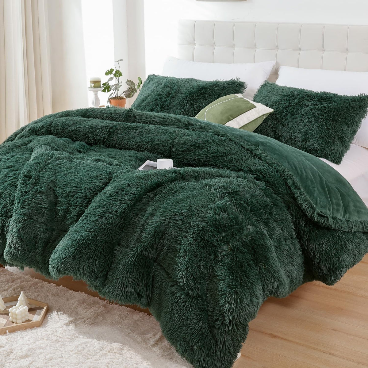 Smoofy Fluffy Queen Comforter Set, Faux Fur Pink Comforter Set 3 Pcs
