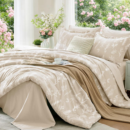 MUXHOMO Queen Comforter Set, 7-Piece Floral Bed in a Bag, Sage Green