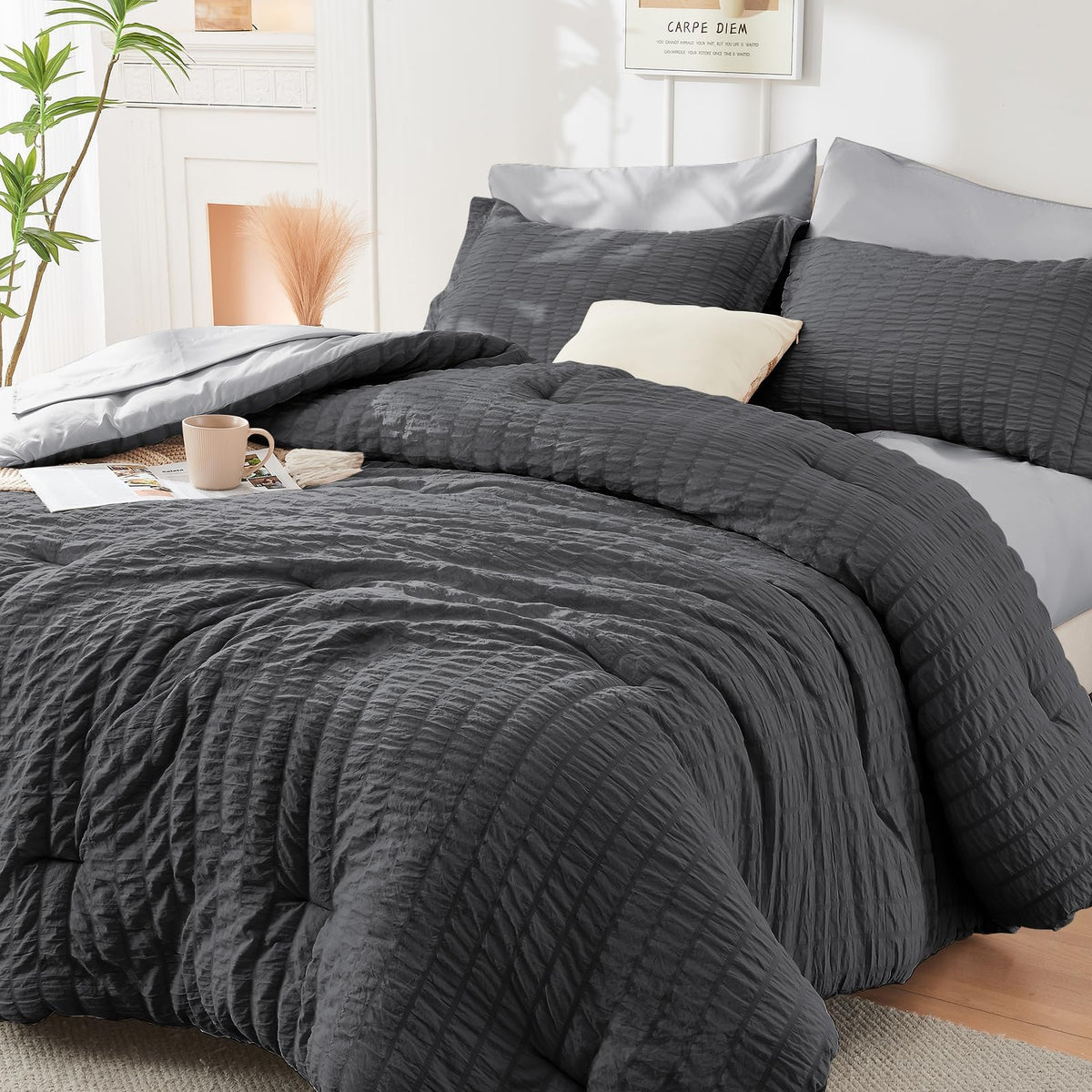 Full Comforter Set - 7PCS Bed in a Bag, Seersucker Bedding Set, Dark Grey