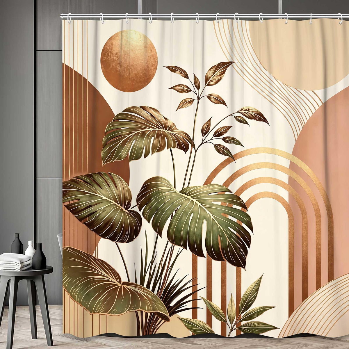 Bondjos Abstract Geometric Botanical Shower Curtain Mid Century Boho Tropical Gold Geometric Monstera Leaf Modern Minimalist Bathroom Curtain Modern Aesthetic Bath Accessories Art Home Decor