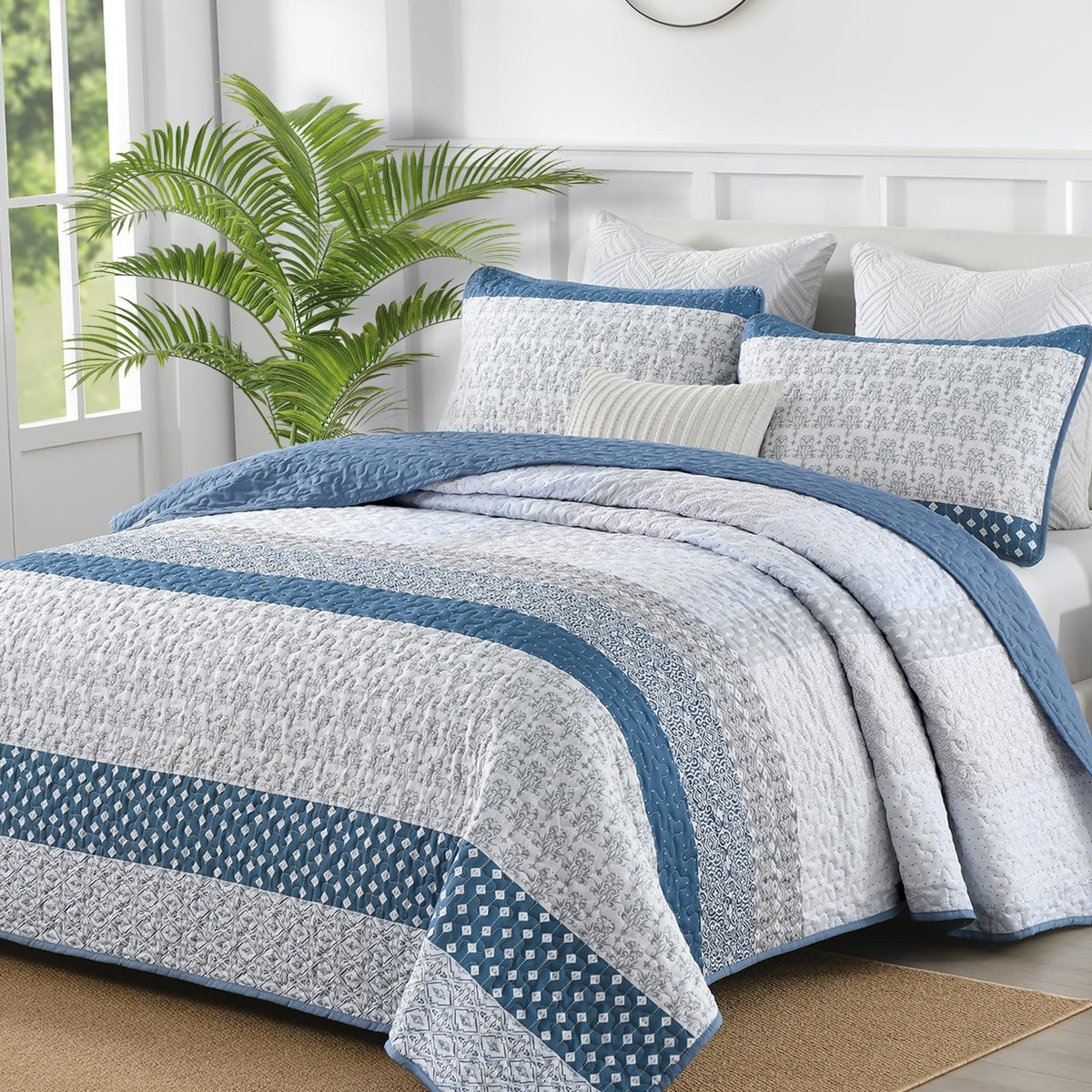 WONGS BEDDING Grey Queen Size Quilt Set, Boho Striped Bedspread
