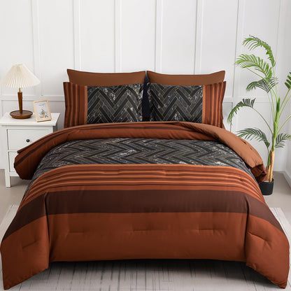 Luxudecor Burgundy Comforter Set Queen Size 7 Pieces Red and Black Stripe Bed in a Bag Geometric Comforter and Sheet Set, Soft Microfiber Complete Bedding Sets for All Seasons