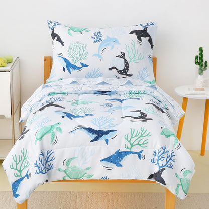 Mooreeke Toddler Bedding Sets for Girls,4 Pieces Blue Ocean Animals Printed