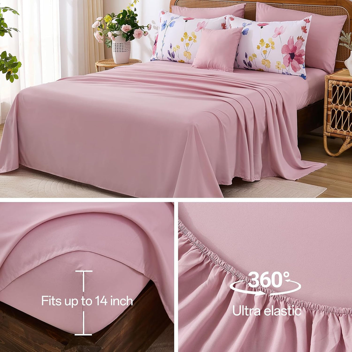 Annibedding Queen Comforter Set 8 Pieces Pink Floral Bed in Bag All Season