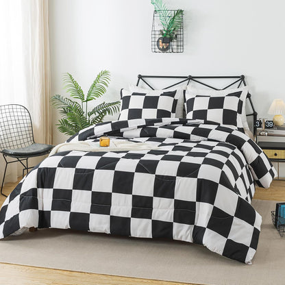 Caressma Black White Checkered Comforter Set, Twin Size Boys Bedding Set