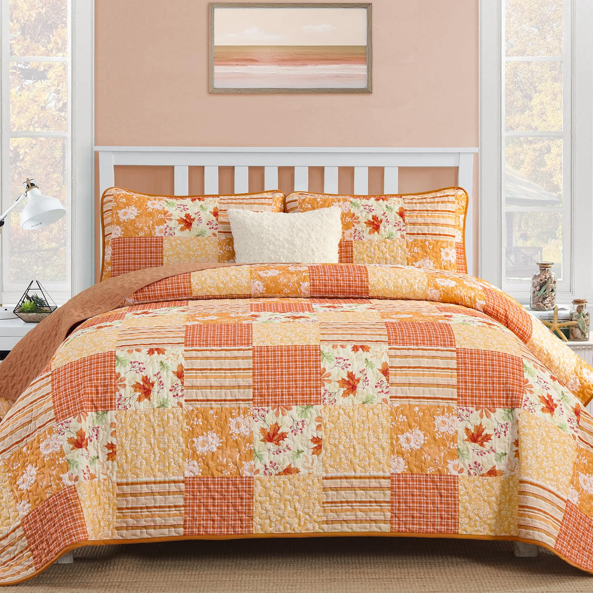 Mybedsoul Boho Quilts Queen Size, Patchwork Floral Bedding Set, Blue