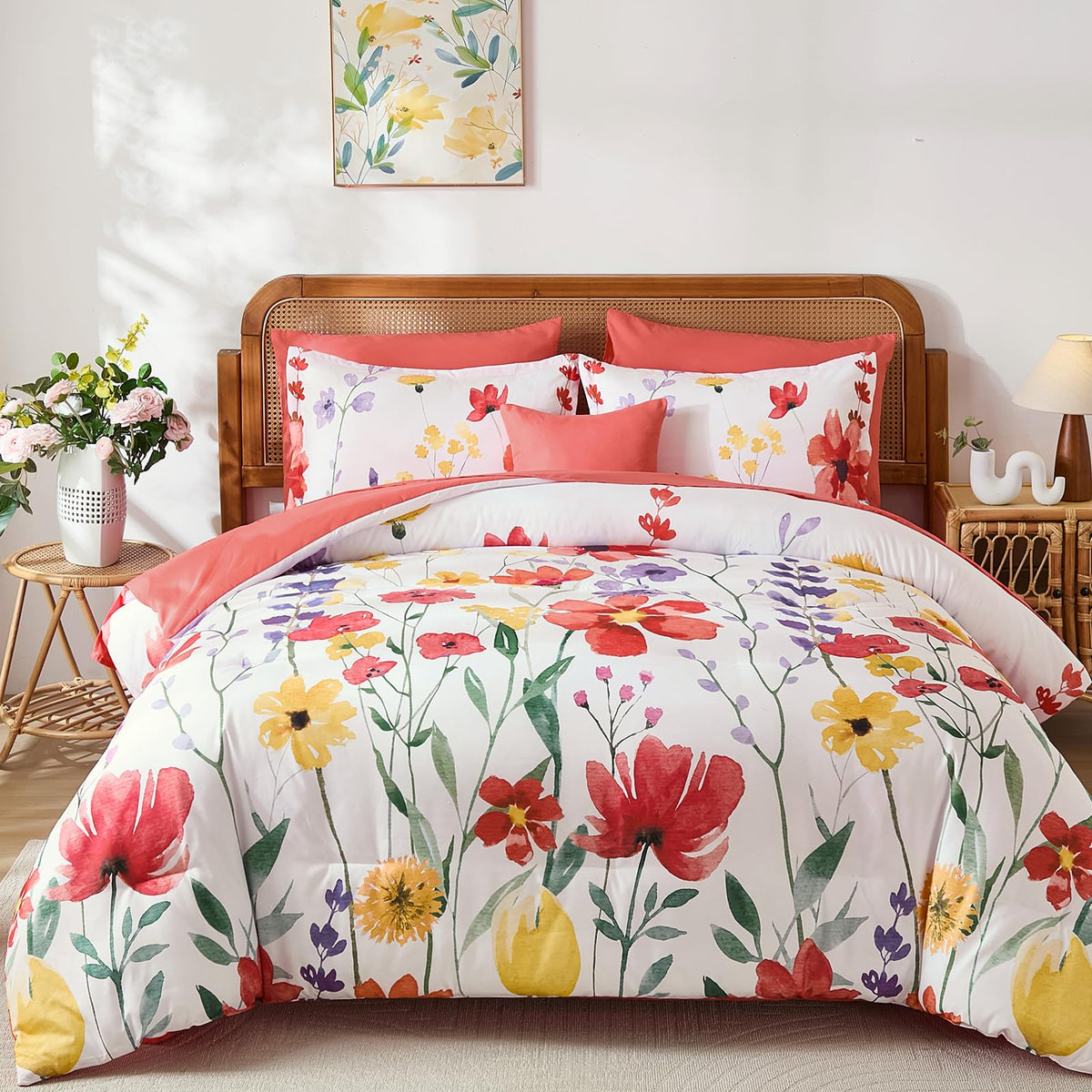 Annibedding Queen Comforter Set 8 Pieces Pink Floral Bed in Bag All Season