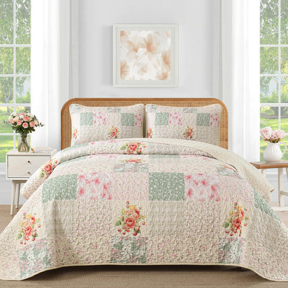 Mybedsoul Boho Quilts Queen Size, Patchwork Floral Bedding Set, Blue