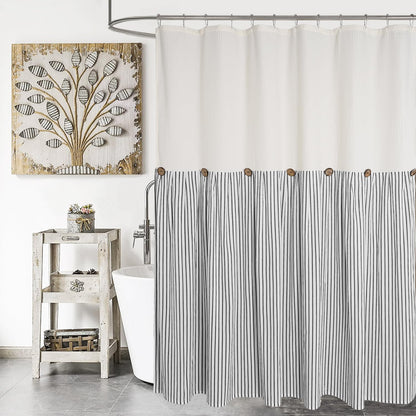 DOSLY IDÉES Farmhouse Shower Curtain,Beige and Gray Stripe,Button Curtain,Linen and Cotton Woven Fabric,Rustic Charm Country Chic Style,72x72 in