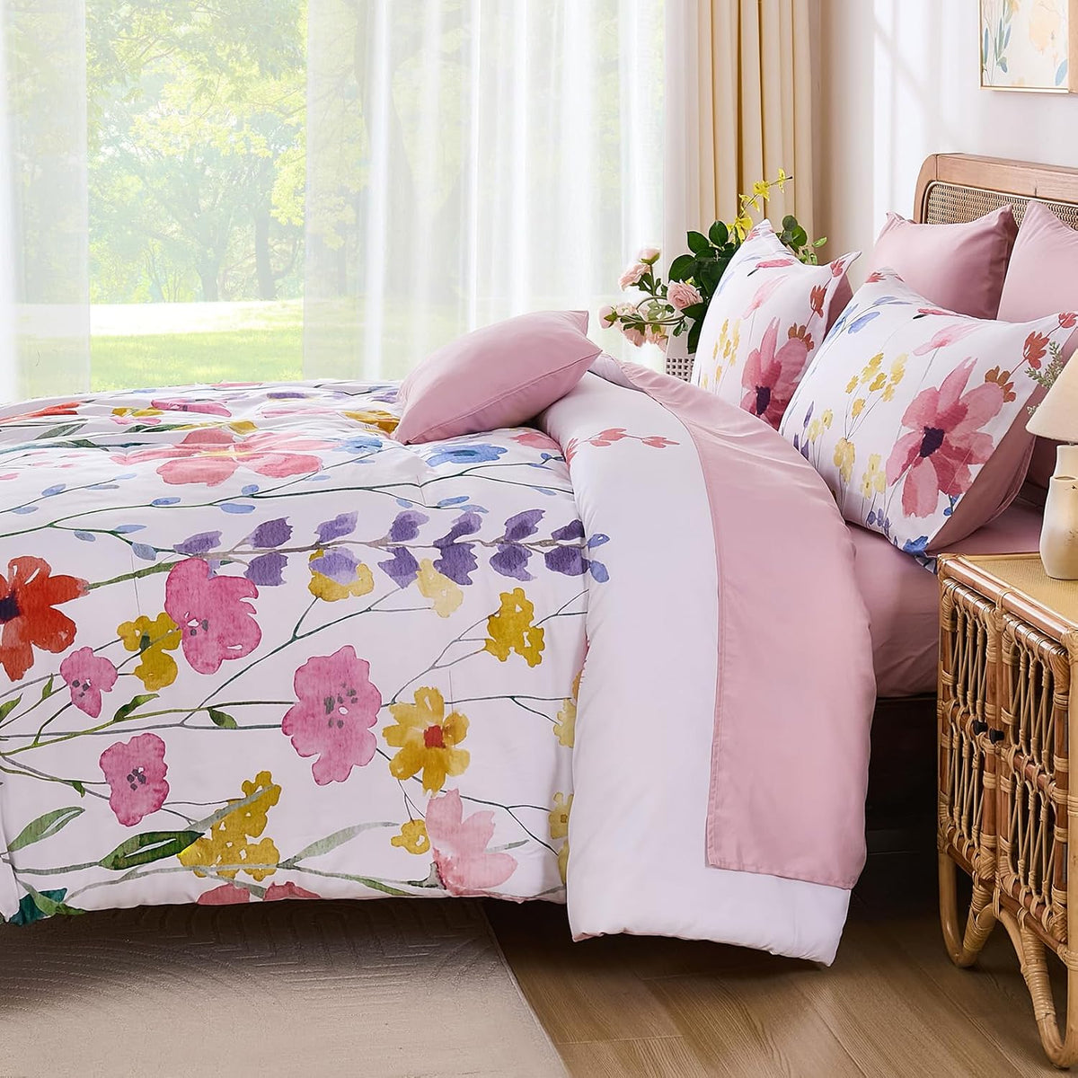 Annibedding Queen Comforter Set 8 Pieces Pink Floral Bed in Bag All Season