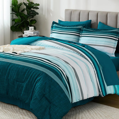 Dobuyly Teal Queen Comforter Set 7 Pieces, Blue Boho Striped Bed in a Bag Queen Size Soft Microfiber All Season Bedding Set with Comforter, Sheets, Pillowcases & Shams