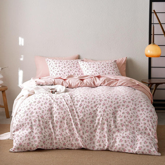 Wake In Cloud - Floral Comforter Set with Sheets, Coquette Cottagecore Aesthetic Flower Shabby Chic Pattern for Women Teen Girls, 7 Pieces Bed in a Bag, Pink, Full Size