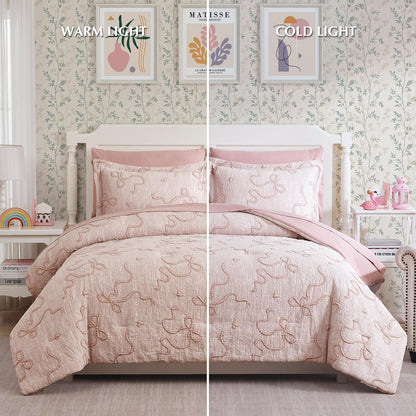 Full Size Comforter Sets for Girls - 7 Pieces Pink Bedding Bow Bed in a Bag