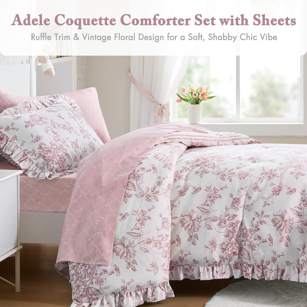 Madison Park Essentials Pink Floral Comforter Set with Sheets Twin XL,5pc
