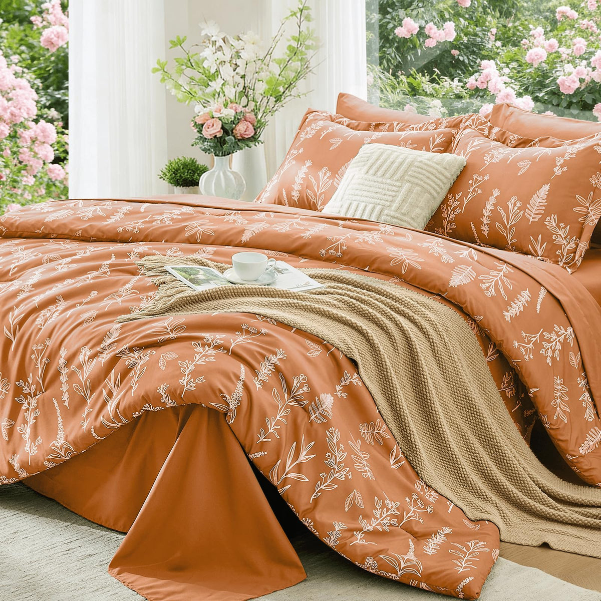 MUXHOMO Queen Comforter Set, 7-Piece Floral Bed in a Bag, Sage Green