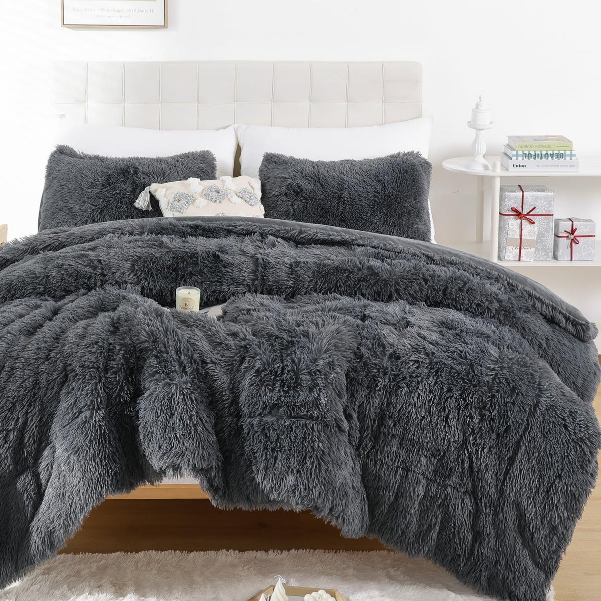 Smoofy Fluffy Queen Comforter Set, Faux Fur Pink Comforter Set 3 Pcs