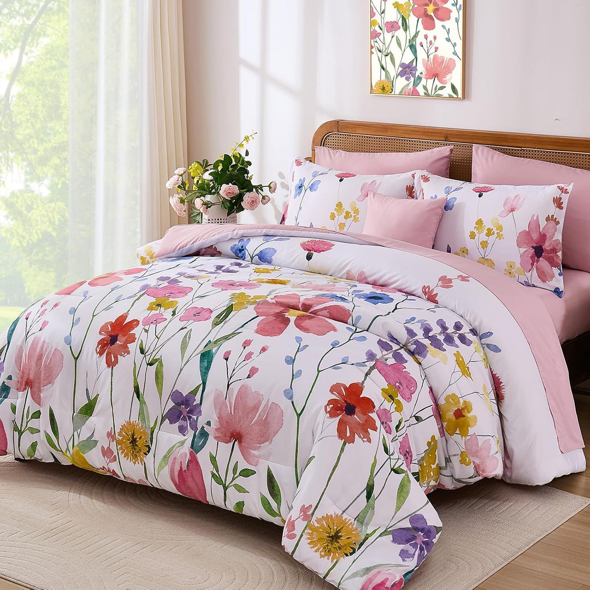 Annibedding Queen Comforter Set 8 Pieces Pink Floral Bed in Bag All Season