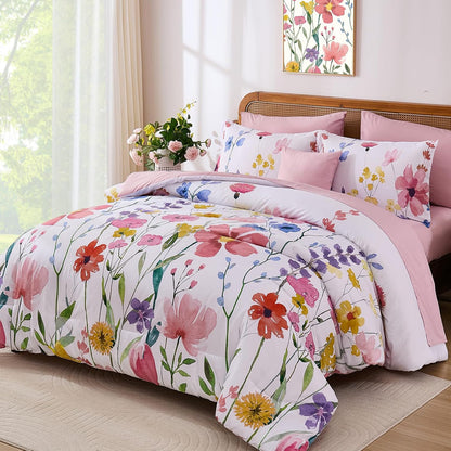 Annibedding Queen Comforter Set 8 Pieces Pink Floral Bed in Bag All Season