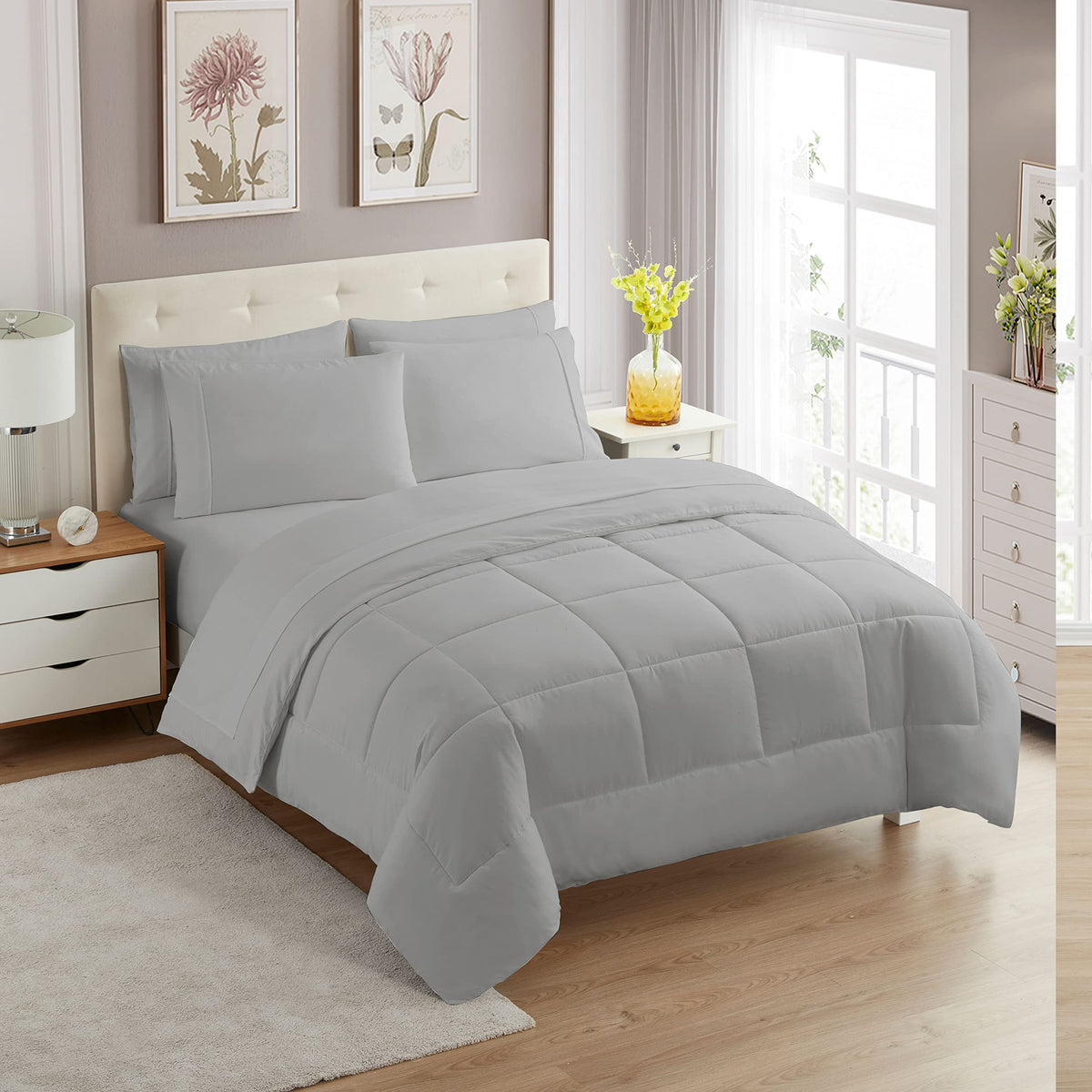 Full Size Comforter Set with Sheets - 7-Piece Bedding Collection - 1 Comforter, 1 Fitted Sheet, 1 Flat, 4 Pillowcases - Deep Pocket - Soft & Breathable Premium Quality - Ideal for All Seasons, Gray