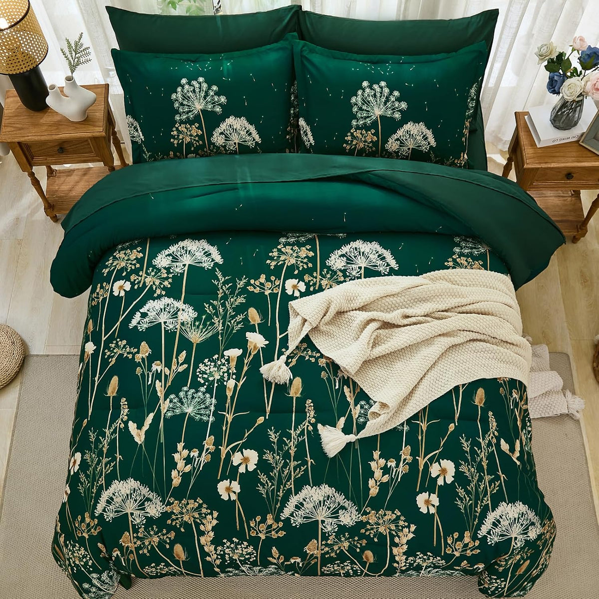 Yiran Queen Comforter Set, 7 Piece Floral Dark Green Dandelion Bed in a Bag