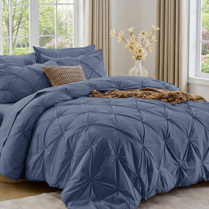 Sasttie Full Size Comforter Set, 7-Piece Bed in a Bag Double, Pintuck Bedding Set for All Season, Includes Comforter, Flat Sheet, Fitted Sheet, Pillowcases and Pillowshams, Beige