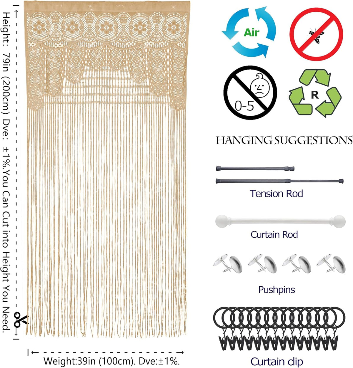 Lace Door String Curtain for Doorways，Bohemian Curtains Window Wall Closet Bedroom Kitchen Hippie Hanging Panels Boho Room Divider