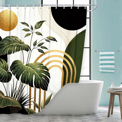 Bondjos Abstract Geometric Botanical Shower Curtain Mid Century Boho Tropical Gold Geometric Monstera Leaf Modern Minimalist Bathroom Curtain Modern Aesthetic Bath Accessories Art Home Decor