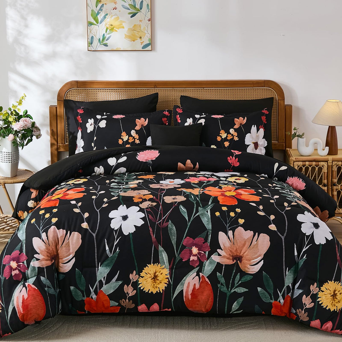 Annibedding Queen Comforter Set 8 Pieces Pink Floral Bed in Bag All Season