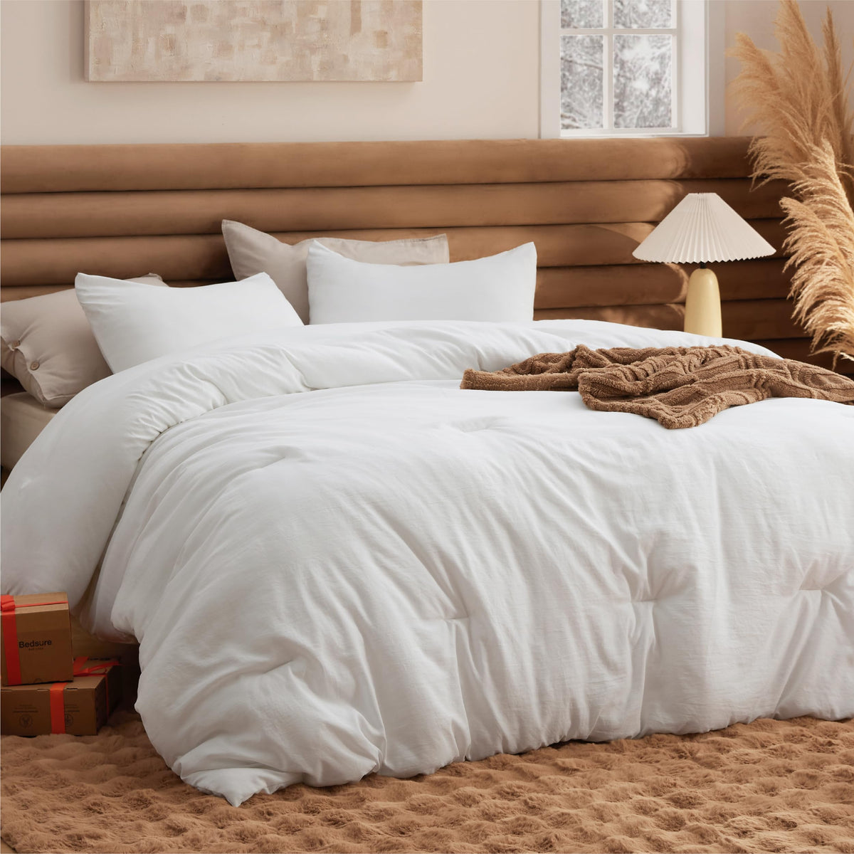 Bedsure Queen Comforter Set Prewashed Soft Bedding Set 3Pcs White 90"x90"