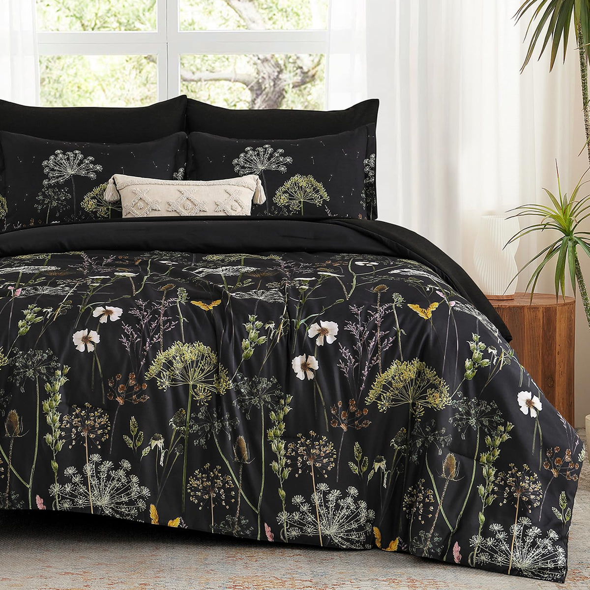 Yiran Queen Comforter Set, 7 Piece Floral Dark Green Dandelion Bed in a Bag