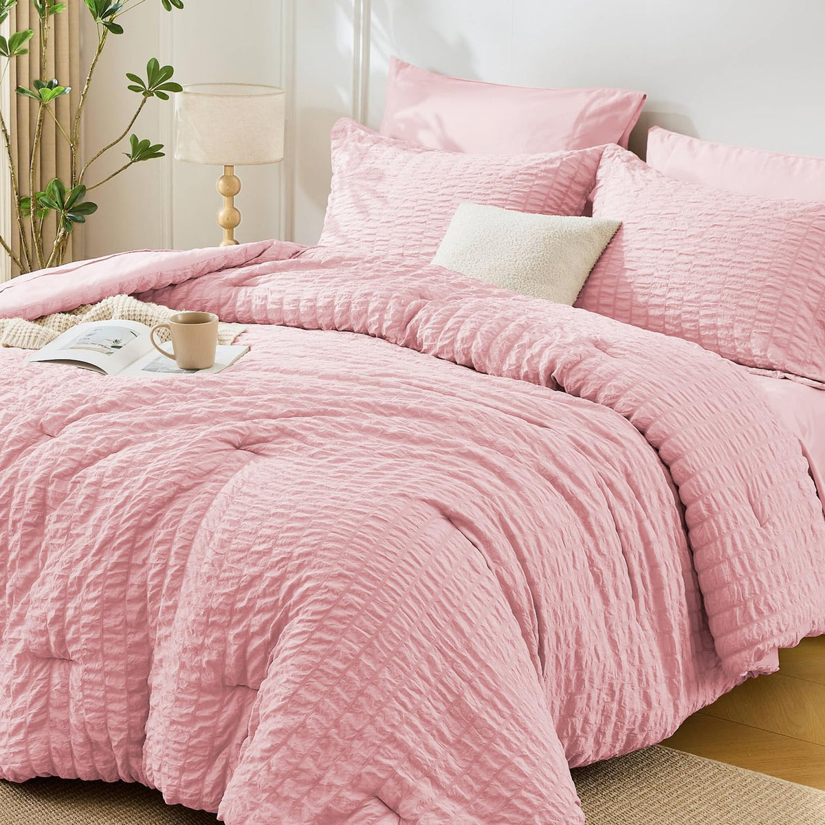 MUXHOMO Queen Comforter Set 7 Pieces, Seersucker Bed in a Bag, Beige