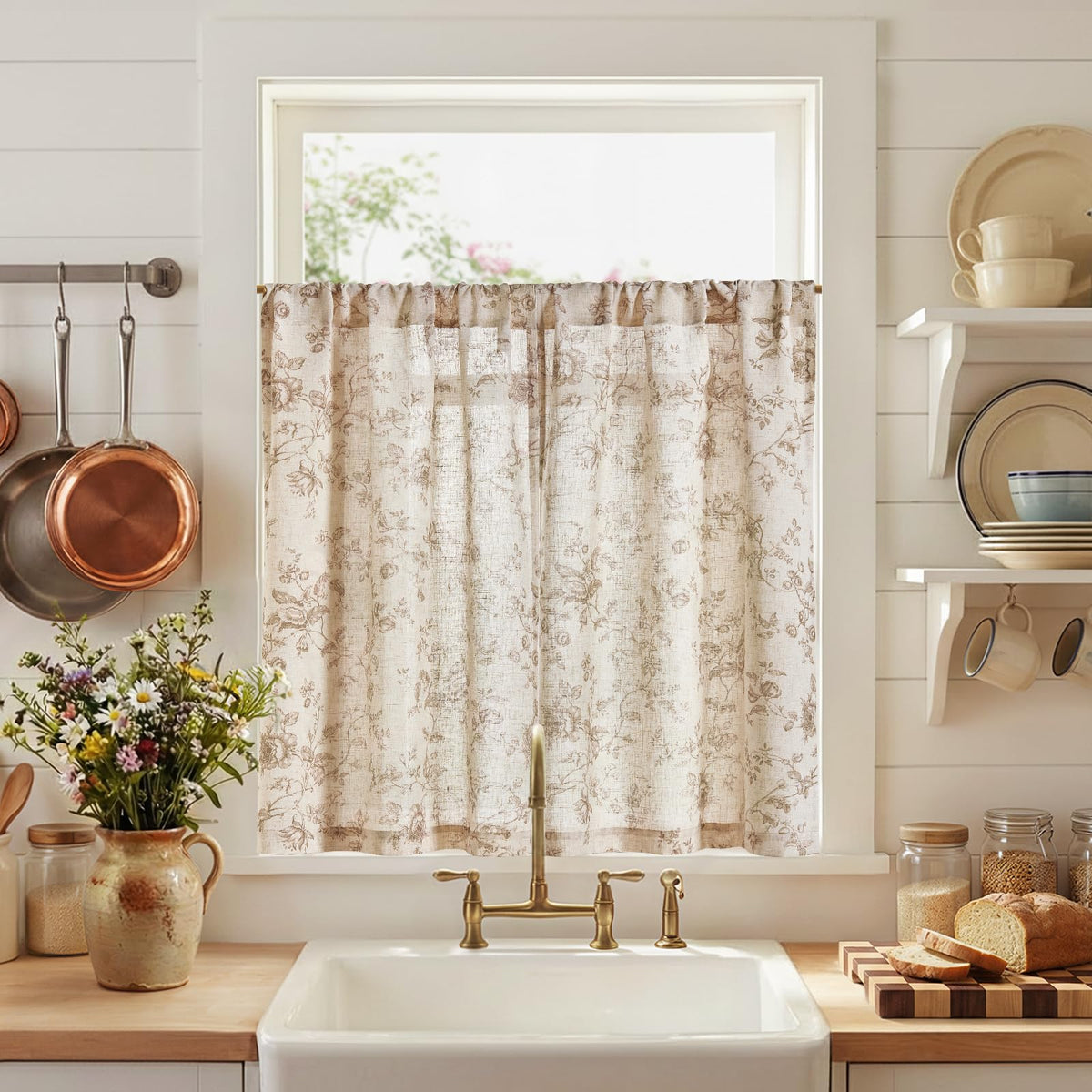 jinchan Floral Linen Kitchen Tier Curtains, 24 Inch, 2 Panels, Green