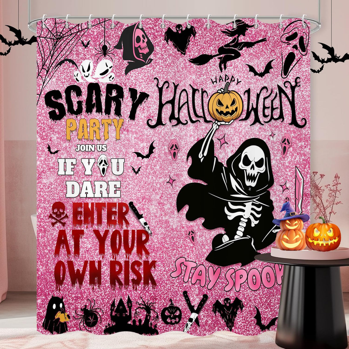 Halloween Shower Curtain, Black and White Funny Ghosts Icons Spooky Cute Halloween Bathroom Curtain Waterproof Fabric Machine Washable with Hooks, 72" Wx72 L