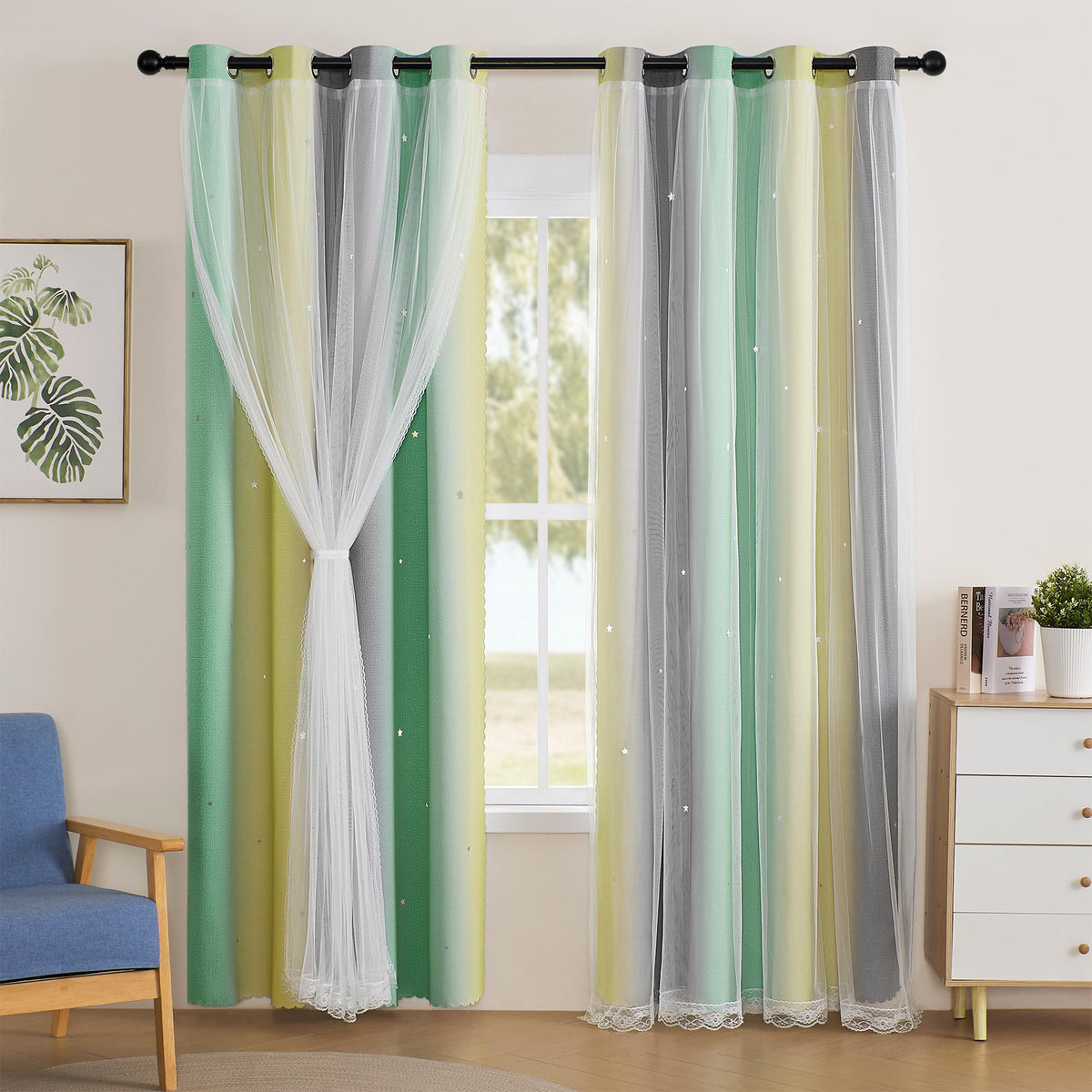 XiDi Curtains for Girls Bedroom Decor, Rainbow Blackout Curtains for Kids/Little Girl Room Decor, Unicorn Wall Decals,Pink Purple Green,63 x 34 inches,1 Panel