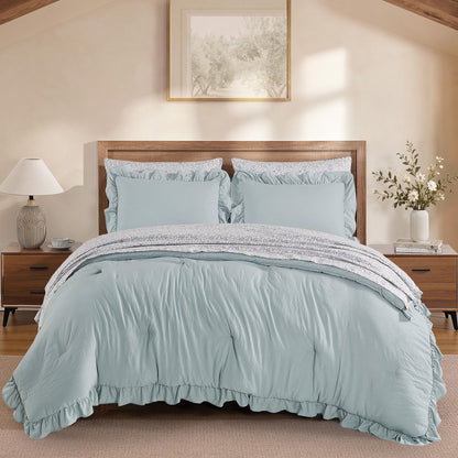 BLOOMHAVEN Queen Comforter Set-7 Pieces Ruffle Bedding with Floral Sheet