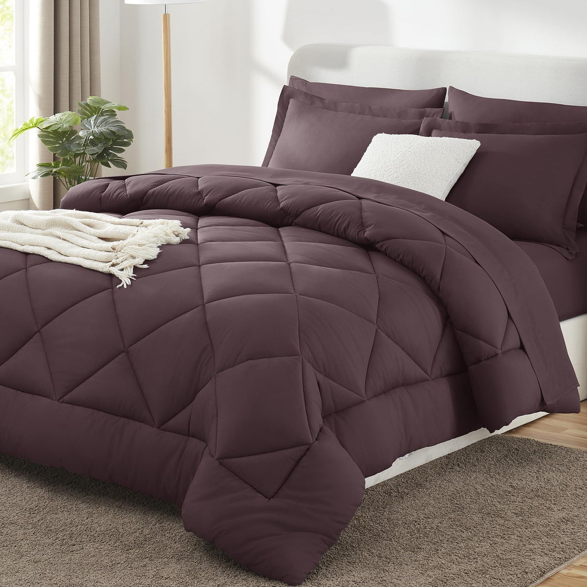 CozyLux Full Comforter Set 82"x86" Burgundy - 7 Piece Bed in a Bag