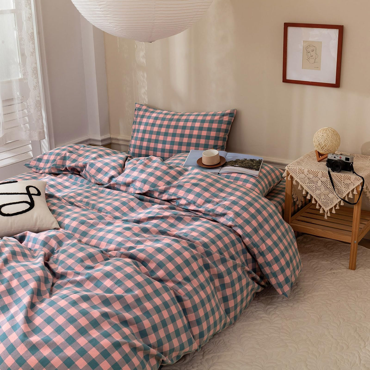 LifeTB Queen Comforter Set Fluffy Plaid Checkered Pattern Modern Style Geometric Comforter with 2 Pillow Shams Grid Plaid Bedding Comforter for Boys Men All Season Queen Size Bed Comforter Set