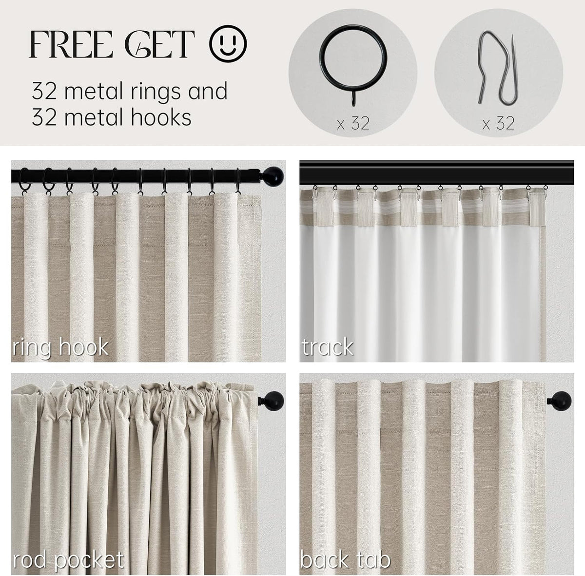 Topfinel Cream Linen Blackout Curtains 84 Inch Long for Bedroom Living Room, Ivory Pinch Pleat Back Tab Full Blackout Drapes Farmhouse Boho Curtains for Window, White Neutral Curtains 52" X 84" 7 FT