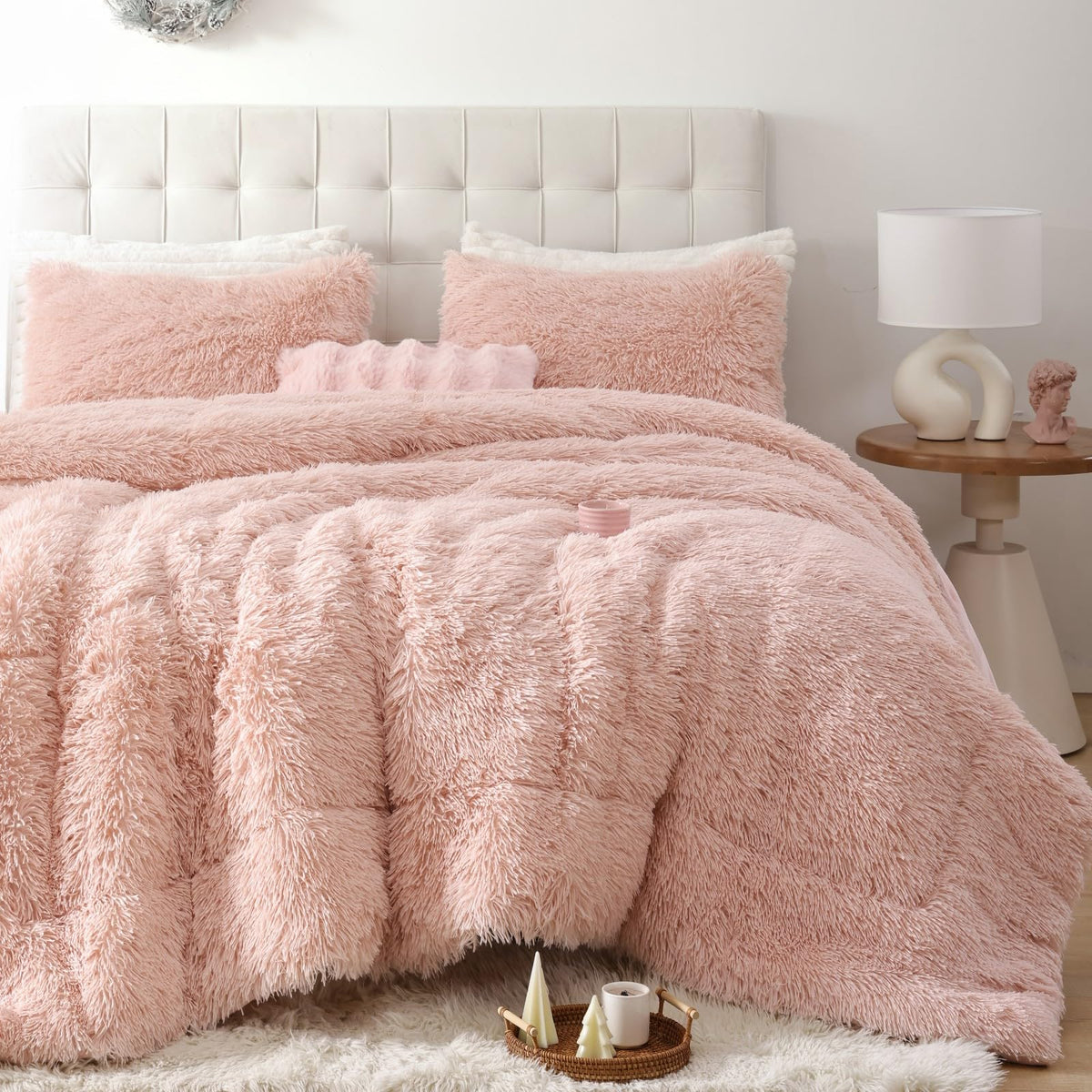Smoofy Fluffy Queen Comforter Set, Faux Fur Pink Comforter Set 3 Pcs