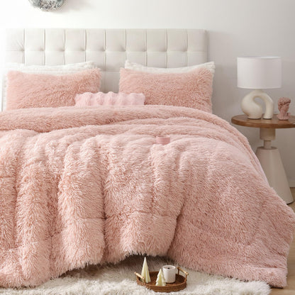 Smoofy Fluffy Queen Comforter Set, Faux Fur Pink Comforter Set 3 Pcs