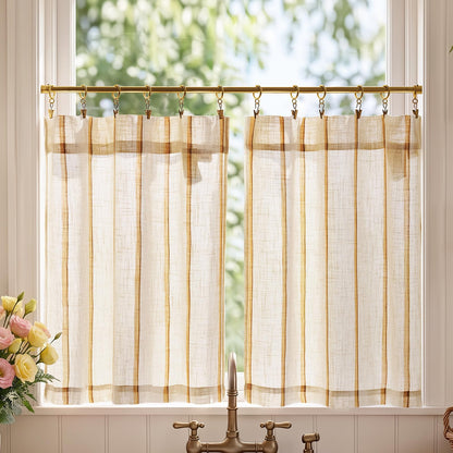 jinchan Linen Striped Tier Curtains for Kitchen Windows Green 26 x 24 inch