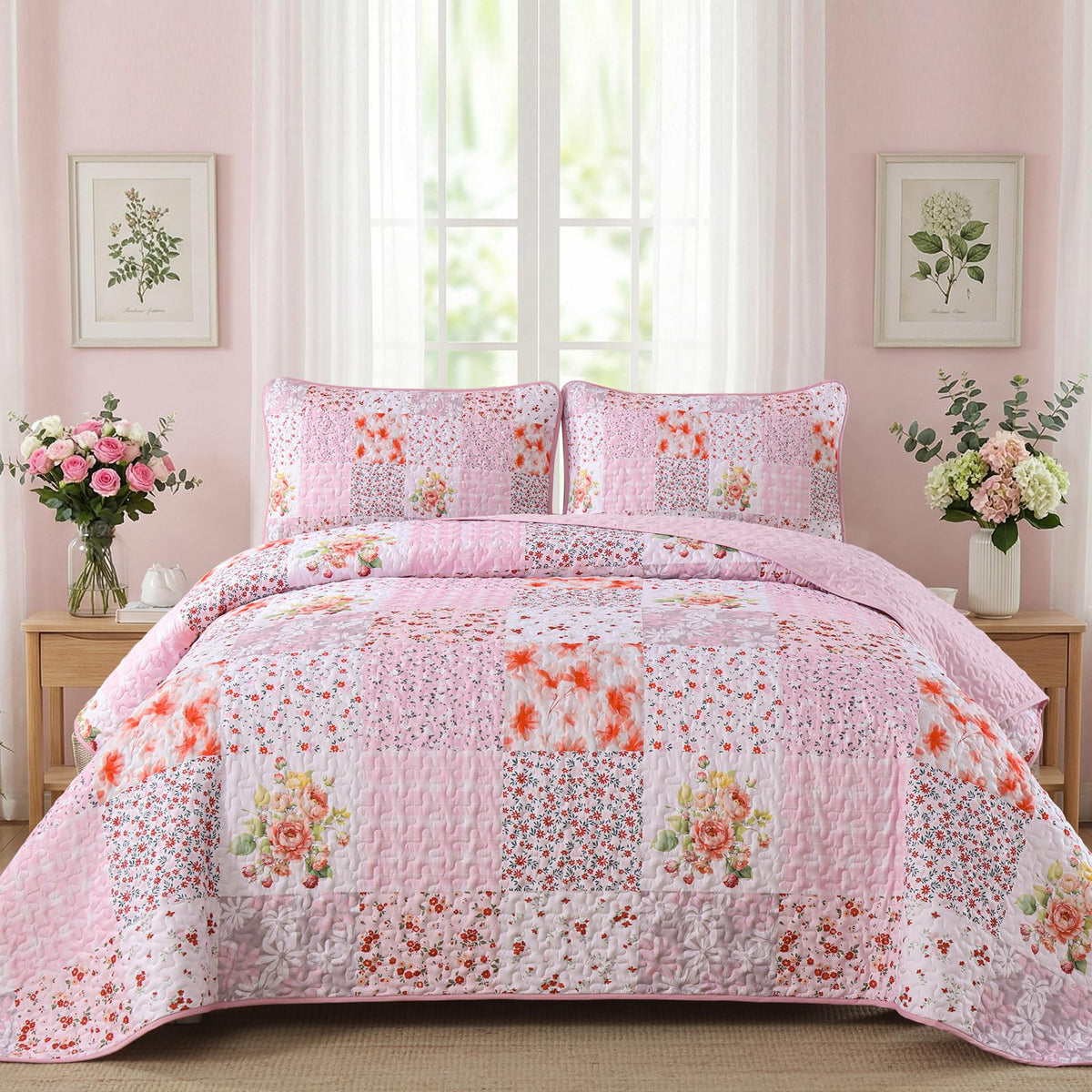 Mybedsoul Boho Quilts Queen Size, Patchwork Floral Bedding Set, Blue