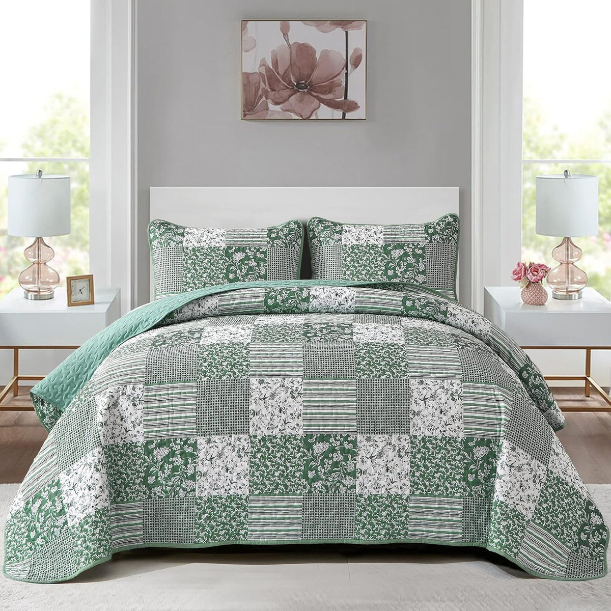 Mybedsoul Boho Quilts Queen Size, Patchwork Floral Bedding Set, Blue
