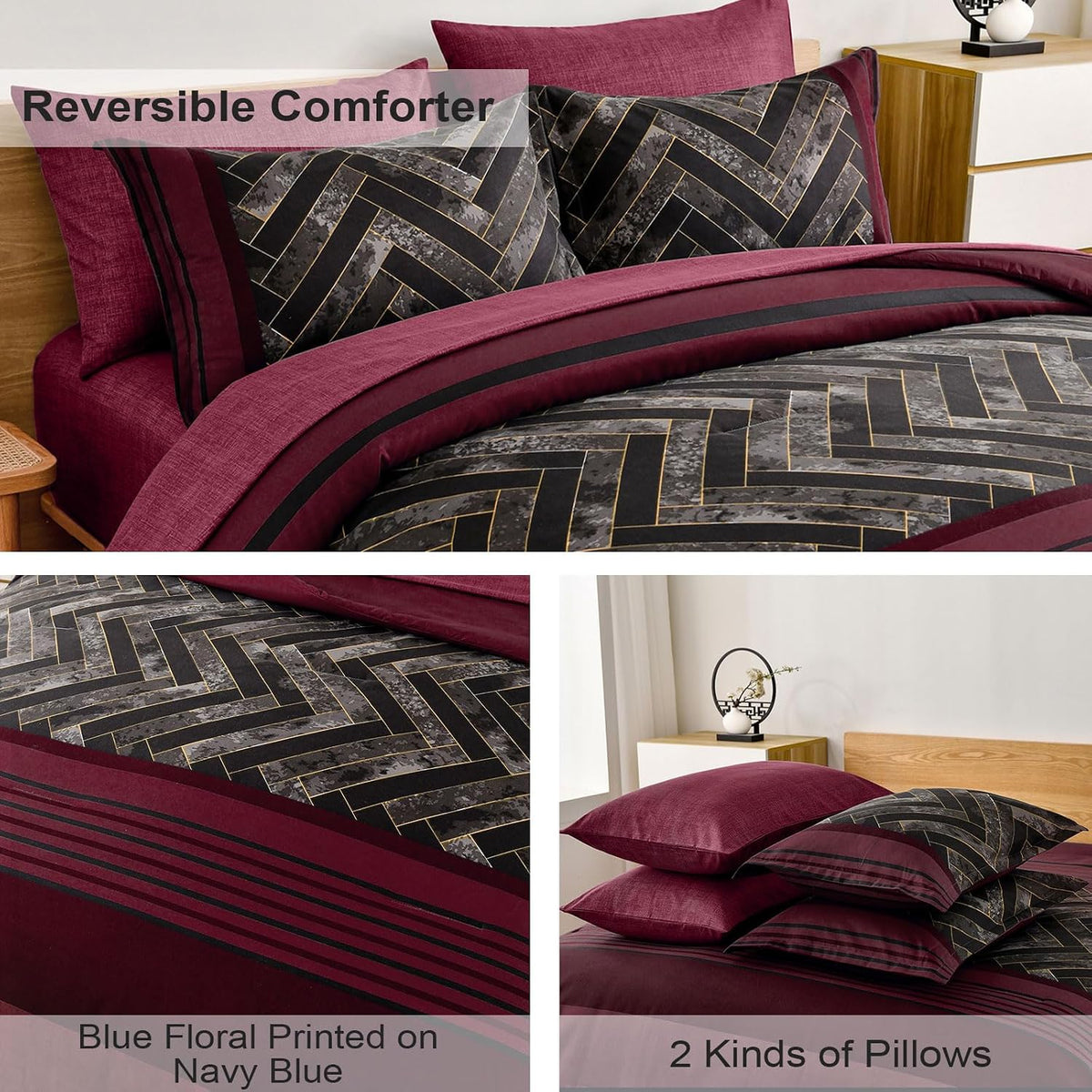 Luxudecor Burgundy Comforter Set Queen Size 7 Pieces Red and Black Stripe Bed in a Bag Geometric Comforter and Sheet Set, Soft Microfiber Complete Bedding Sets for All Seasons
